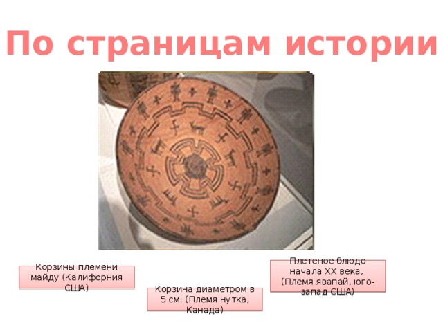 По страницам истории Плетеное блюдо начала ХХ века, (Племя явапай, юго-запад США) Корзины племени майду (Калифорния США) Корзина диаметром в 5 см. (Племя нутка, Канада)