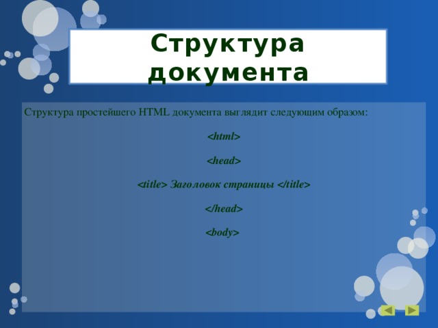 Структура документа Структура простейшего HTML документа выглядит следующим образом:    Заголовок страницы