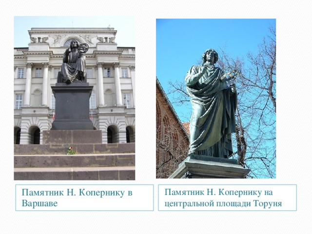 Памятник Н. Копернику в Варшаве Памятник Н. Копернику на центральной площади Торуня
