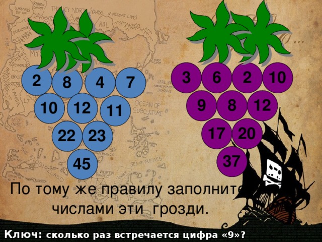 6 3  2 10    2 4 7 8     9 8  12 12 10  11   20 17   22 23  37  45 По тому же правилу заполните числами эти грозди. Ключ: сколько раз встречается цифра «9»?