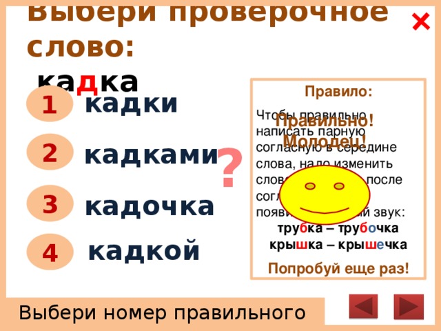 Выбери проверочное слово:   ка д ка Правило:   Чтобы правильно написать парную согласную в середине слова, надо изменить слово так, чтобы после согласного звука появился гласный звук: тру б ка – тру б о чка кры ш ка – кры ш е чка  Попробуй еще раз! кадки 1 Правильно! Молодец! ? 2 кадками 3 кадочка кадкой 4 Выбери номер правильного ответа