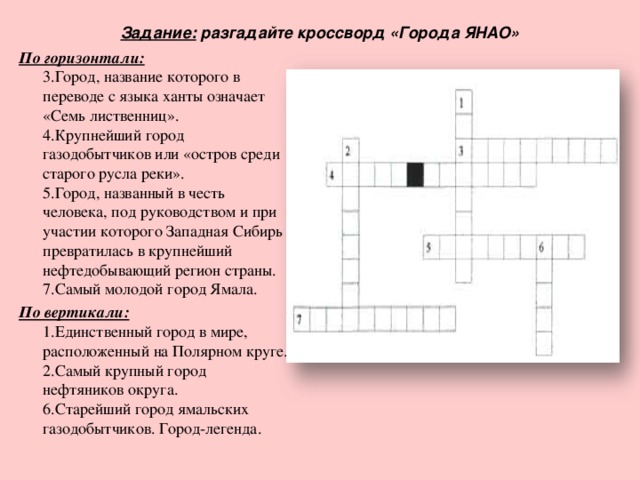 Задание: разгадайте кроссворд «Города ЯНАО»   По горизонтали:  3.Город, название которого в переводе с языка ханты означает «Семь лиственниц».  4.Крупнейший город газодобытчиков или «остров среди старого русла реки».  5.Город, названный в честь человека, под руководством и при участии которого Западная Сибирь превратилась в крупнейший нефтедобывающий регион страны.  7.Самый молодой город Ямала. По вертикали:  1.Единственный город в мире, расположенный на Полярном круге.  2.Самый крупный город нефтяников округа.  6.Старейший город ямальских газодобытчиков. Город-легенда.