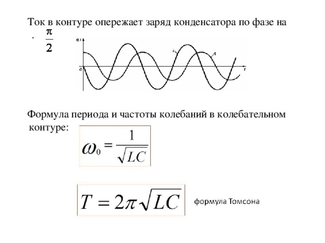 Ток в контуре опережает заряд конденсатора по фазе на   .  Формула периода и частоты колебаний в колебательном контуре:  