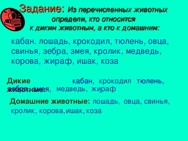 Задание:  Из перечисленных животных определи, кто относится  к диким животным, а кто к домашним: кабан. лошадь, крокодил, тюлень, овца, свинья, зебра, змея, кролик, медведь, корова, жираф, ишак, коза Дикие животные: кабан, крокодил, тюлень, жираф медведь, зебра, змея, Домашние животные: лошадь, овца, свинья, кролик, корова, ишак, коза