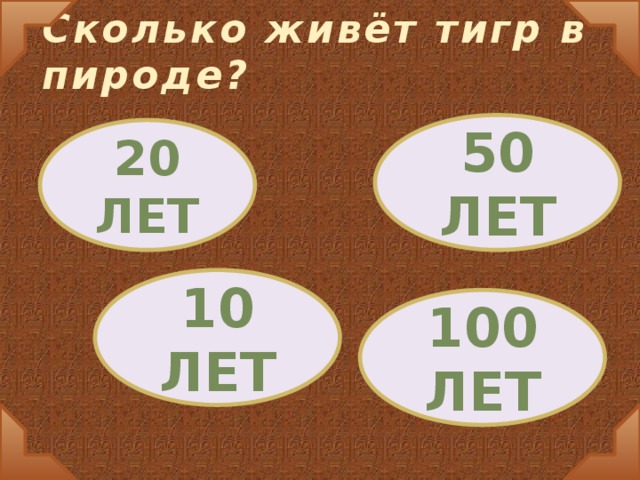 Сколько живёт тигр в пироде? 50 ЛЕТ 20 ЛЕТ 10 ЛЕТ 100 ЛЕТ