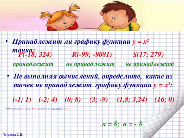 Принадлежит ли графику функции  у = х 2  точка :    P(-18; 324) R(-99; -9081) S(17; 279)          не принадлежит принадлежит не принадлежит          Не выполняя вычислений, определите, какие из точек не принадлежат графику функции  у = х 2 :    (1,8; 3,24) (16; 0) (-2; 4) (3; -9) (0; 8) (-1; 1)                   При каких значениях а точка Р(а; 64) принадлежит графику функции у = х 2 .