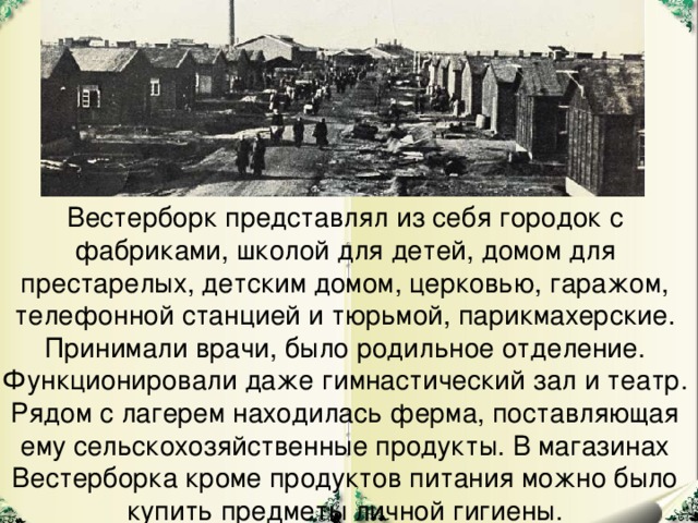 Вестерборк представлял из себя городок с фабриками, школой для детей, домом для престарелых, детским домом, церковью, гаражом, телефонной станцией и тюрьмой, парикмахерские. Принимали врачи, было родильное отделение. Функционировали даже гимнастический зал и театр. Рядом с лагерем находилась ферма, поставляющая ему сельскохозяйственные продукты. В магазинах Вестерборка кроме продуктов питания можно было купить предметы личной гигиены.