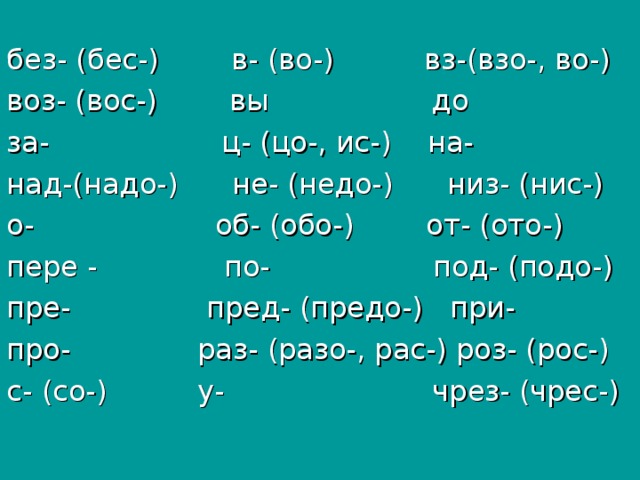 без- (бес-) в- (во-) вз-(взо-, во-) воз- (вос-) вы до за- ц- (цо-, ис-) на- над-(надо-) не- (недо-) низ- (нис-) о- об- (обо-) от- (ото-) пере - по- под- (подо-) пре- пред- (предо-) при- про- раз- (разо-, рас-) роз- (рос-) с- (со-) у- чрез- (чрес-)