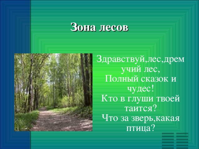 Зона лесов Здравствуй,лес,дремучий лес, Полный сказок и чудес! Кто в глуши твоей таится? Что за зверь,какая птица?