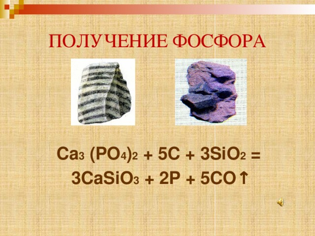 ПОЛУЧЕНИЕ ФОСФОРА Ca 3 (PO 4 ) 2 + 5C + 3SiO 2 = 3CaSiO 3 + 2P + 5CO ↑