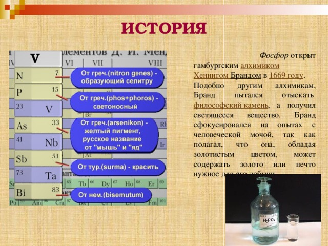 ИСТОРИЯ V  Фосфор открыт гамбургским  алхимиком   Хеннигом  Брандом  в  1669 году . Подобно другим алхимикам, Бранд пытался отыскать  философский камень , а получил светящееся вещество. Бранд сфокусировался на опытах с человеческой мочой, так как полагал, что она, обладая золотистым цветом, может содержать золото или нечто нужное для его добычи. 