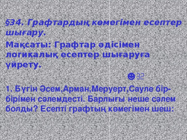 § 34. Графтардың көмегімен есептер шығару. Мақсаты: Графтар әдісімен логикалық есептер шығаруға үйрету. ☻  1. Бүгін Әсем,Арман,Меруерт,Сауле бір-бірімен сәлемдесті. Барлығы неше сәлем болды? Есепті графтың көмегімен шеш: