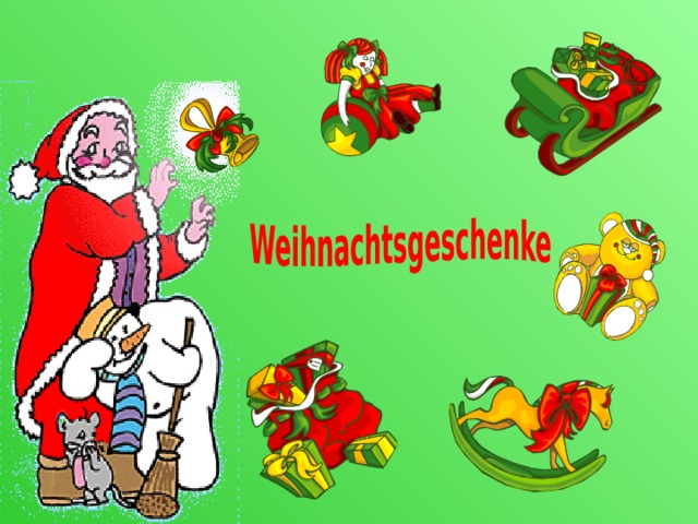 Viele Menschen bekommen in Deutschland zu Weihnachten sch ő ne Geschenke.Sie freuen sich über die Geschenke. Einige kaufen diese Geschenke : Weihnachtspyramiden,Kerzen,Spielzeuge. Einige basteln die Geschenke selbst. Besonders gern basteln die Kinder Hampelmänner,Waldhäuschen,Pyramiden,Hunde,Katzen,Weihnachtskalender. Das macht viel Spass!
