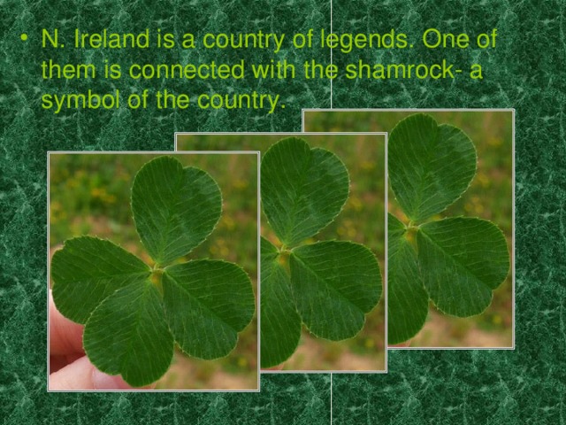 N. Ireland is a country of legends. One of them is connected with the shamrock- a symbol of the country.