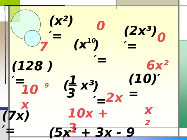 (x ²)′= 0 (2x ³)′= 0 (x 10 ) ′= 7 6x ² (128 )′= (10) ′= 1 ( x ³ ) ′= 9 10x 3 2x x ² 10x + 3 (7x )′= (5x ² + 3x - 9 )′=