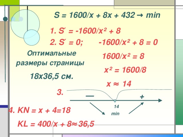 S = 1600/x + 8x + 432 → min 1. S ′ = -1600/x² + 8 2. S′ =  0; -1600/x² + 8 = 0  1600/x² = 8  x²  = 1600/8  x ≈ 14 Оптимальные размеры страницы  18х36,5 см. 3. — + 14 4. KN = х + 4=18  KL = 400/x + 8 ≈36,5 min