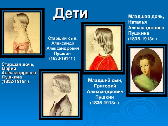 Дети  Младшая дочь, Наталья Александровна Пушкина  (1836-1913г.)  Старший сын, Александр Александрович Пушкин  (1833-1914г.)  Старшая дочь, Мария Александровна Пушкина  (1832-1919г.)  Младший сын, Григорий Александрович Пушкин  (1835-1913г.)