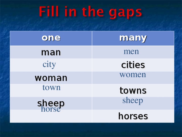 one many man cities woman towns sheep horses men city women town sheep horse