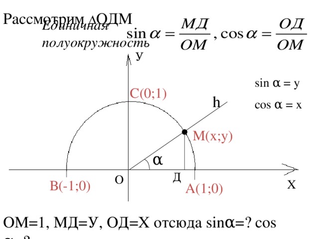 Рассмотрим ∆ ОДМ Единичная полуокружность У sin α = у С(0;1) h cos α = х М(х;у) α Д О Х В(-1;0) А(1;0) ОМ=1, МД=У, ОД=Х отсюда sin α=? cos α=?