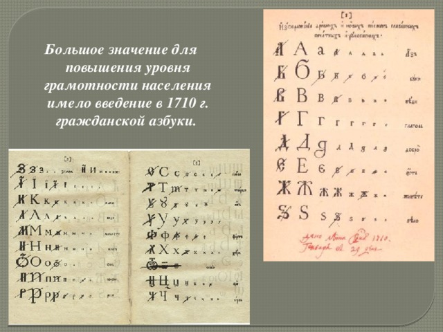 Большое значение для повышения уровня грамотности населения имело введение в 1710 г. гражданской азбуки.
