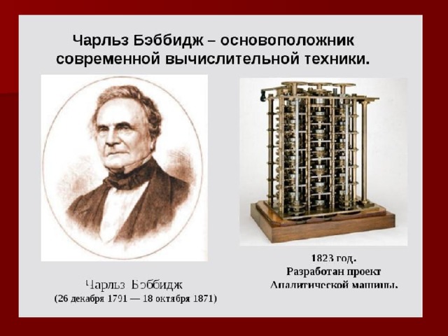 ВАРИАНТЫ ОТВЕТОВ: 1. Паскалево колесо, француз Блез Паскаль; 2. Аналитическая машина, англичанин Чарльз Беббидж; 3. Арифмометр, русский В.Г. Однер; 4. ЭНИАК, американец Джорж Моучли