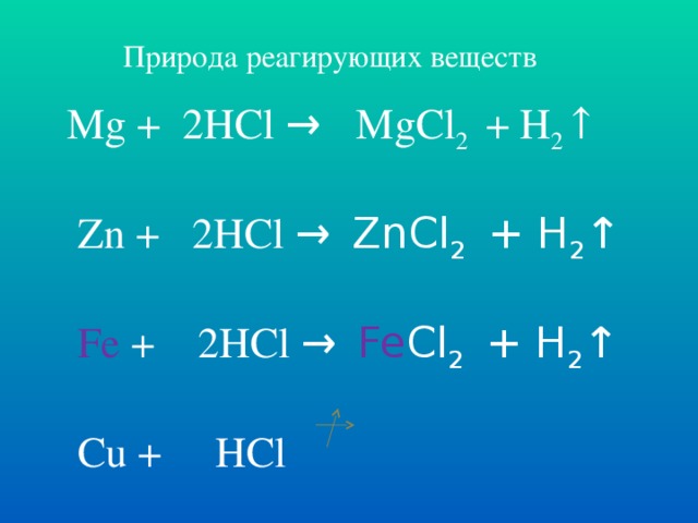 Природа реагирующих веществ  Mg + 2 HCl  → MgCl 2 + H 2 ↑  Zn +  2HCl →  ZnCl 2 + H 2 ↑  Fe +  2HCl →  Fe Cl 2 + H 2 ↑  Cu +  HCl