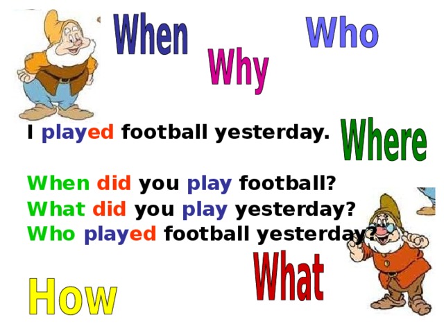 I play ed football yesterday.  When  did you play football? What  did you play yesterday? Who  play ed football yesterday?