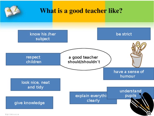 What is a good teacher like?          be strict know his /her subject a good teacher should/shouldn’t respect  children have a sense of humour look nice, neat and tidy understand pupils explain everything clearly give knowledge