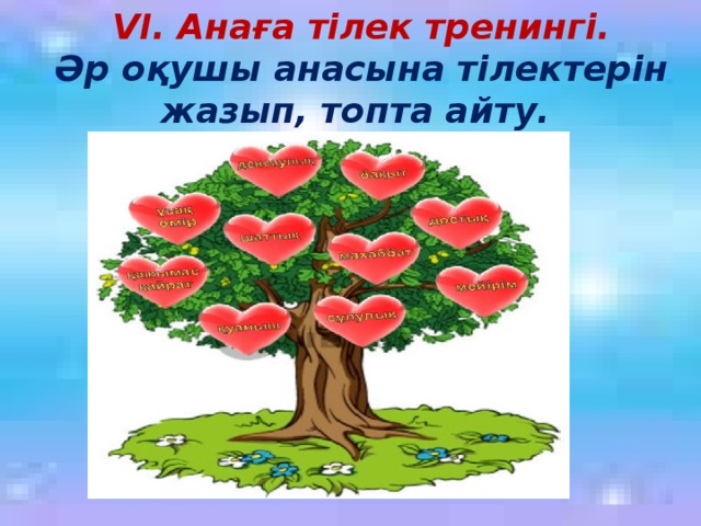 VІ. Анаға тілек тренингі. Әр оқушы анасына тілектерін жазып, топта айту.