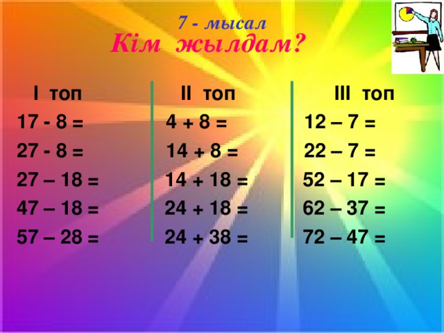 7 - мысал Кім жылдам?  І топ ІІ топ ІІІ топ 17 - 8 = 4 + 8 = 12 – 7 = 27 - 8 = 14 + 8 = 22 – 7 = 27 – 18 = 14 + 18 = 52 – 17 = 47 – 18 = 24 + 18 = 62 – 37 = 57 – 28 = 24 + 38 = 72 – 47 =