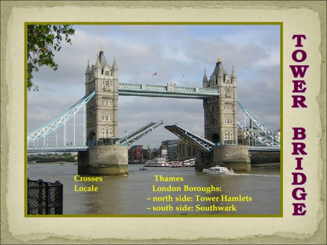 Crosses    Thames Locale   London Boroughs:  – north side: Tower Hamlets  – south side: Southwark