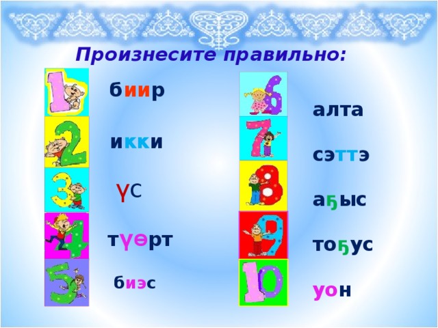 Произнесите правильно:  б ии р алта  сэ тт э  а ҕ ыс  то ҕ ус  уо н  и кк и  ү с  т ү Ɵ рт б иэ с