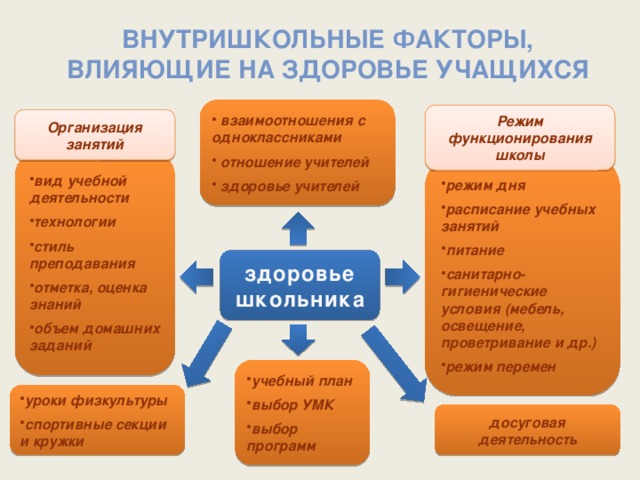 Внутришкольные факторы, влияющие на здоровье учащихся  взаимоотношения с одноклассниками  отношение учителей  здоровье учителей Режим функционирования школы Организация занятий вид учебной деятельности технологии стиль преподавания отметка, оценка знаний объем домашних заданий режим дня расписание учебных занятий питание санитарно-гигиенические условия (мебель, освещение, проветривание и др.) режим перемен здоровье школьника учебный план выбор УМК выбор программ уроки физкультуры спортивные секции и кружки досуговая деятельность