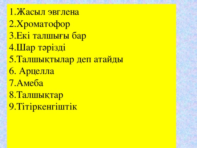 Жасыл эвглена Хроматофор Екі талшығы бар Шар тәрізді Талшықтылар деп атайды  Арцелла Амеба Талшықтар Тітіркенгіштік