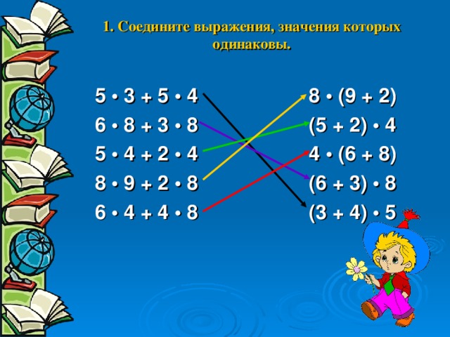 1. Соедините выражения, значения которых одинаковы. 5 • 3 + 5 • 4 8 • (9 + 2) 6 • 8 + 3 • 8 (5 + 2) • 4 5 • 4 + 2 • 4 4 • (6 + 8) 8 • 9 + 2 • 8 (6 + 3) • 8 6 • 4 + 4 • 8 (3 + 4) • 5