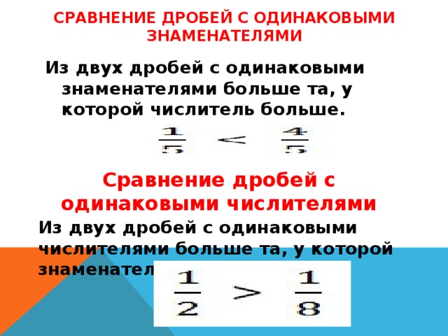 Сравнение дробей с одинаковыми знаменателями Из двух дробей с одинаковыми знаменателями больше та, у которой числитель больше.  Сравнение дробей с одинаковыми числителями Из двух дробей с одинаковыми числителями больше та, у которой знаменатель меньше.