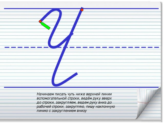 Начинаем писать чуть ниже верхней линии вспомогательной строки, ведём руку вверх до строки, закругляем, ведем руку вниз до рабочей строки, закругляю, пишу наклонную линию с закруглением внизу