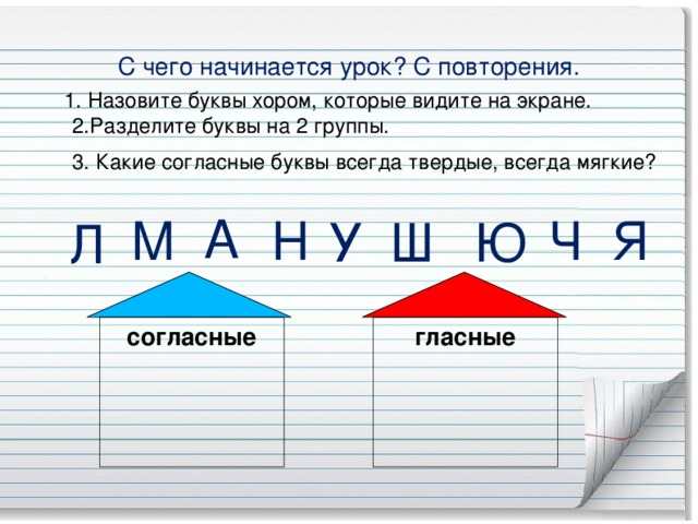 С чего начинается урок? С повторения.  1. Назовите буквы хором, которые видите на экране. 2.Разделите буквы на 2 группы.  3. Какие согласные буквы всегда твердые, всегда мягкие? А М Ч Я Н У Ю Ш Л согласные гласные