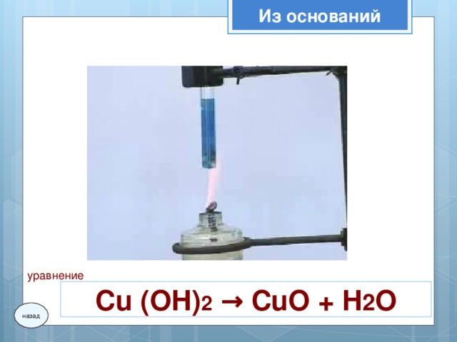 Из оснований уравнение С u (OH) 2  → CuO + H 2 O назад
