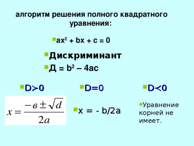Дискриминант 21. Алгоритм решения полного квадратного уравнения. Алгоритм решения квадратного уравнения. Алгоритм решения квадратного уравнения через дискриминант. Формула дискриминанта 8 класс.