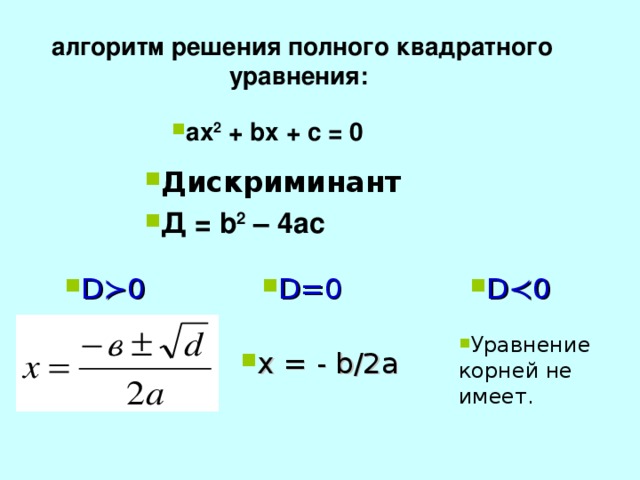 алгоритм решения полного квадратного уравнения: