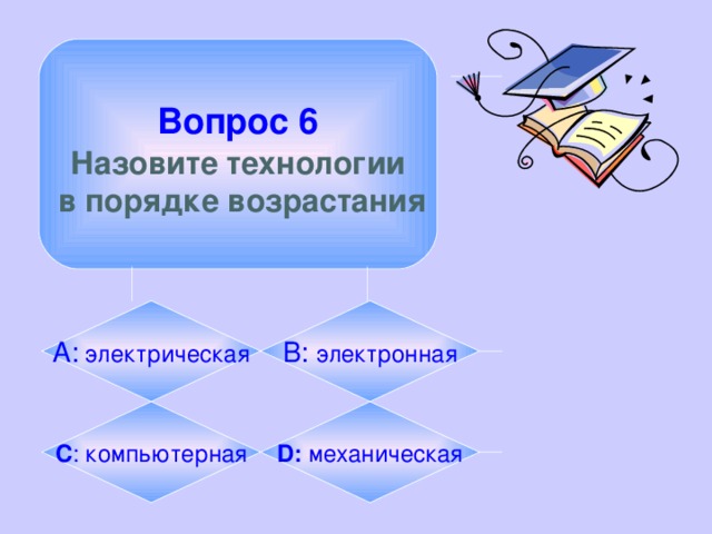 Вопрос 6  Назовите технологии  в порядке возрастания А: электрическая B:  электронная C : компьютерная D: механическая