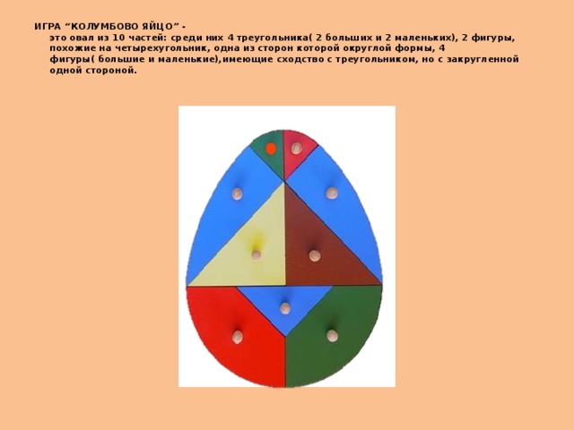ИГРА “КОЛУМБОВО ЯЙЦО” -  это овал из 10 частей: среди них 4 треугольника( 2 больших и 2 маленьких), 2 фигуры, похожие на четырехугольник, одна из сторон которой округлой формы, 4 фигуры( большие и маленькие),имеющие сходство с треугольником, но с закругленной одной стороной.