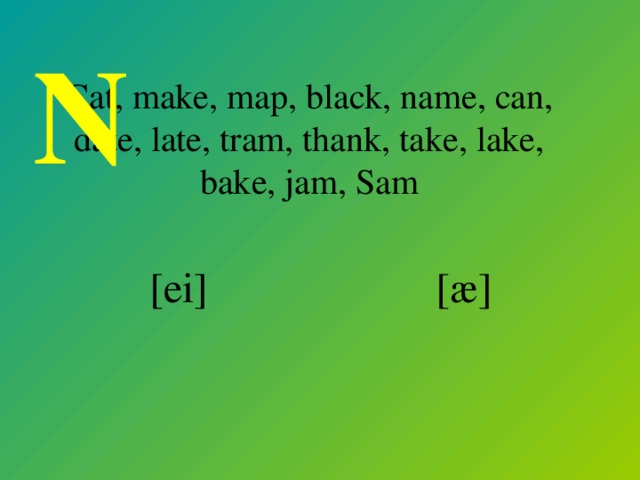 N Cat, make, map, black, name, can, date, late, tram, thank, take, lake, bake, jam, Sam [ei] [æ]