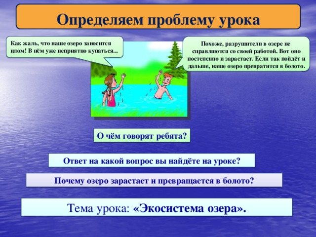 Определяем проблему урока Как жаль, что наше озеро заносится Похоже, разрушители в озере не илом! В нём уже неприятно купаться... справляются со своей работой. Вот оно постепенно и зарастает. Если так пойдёт и дальше, наше озеро превратится в болото. О чём говорят ребята? Ответ на какой вопрос вы найдёте на уроке? Почему озеро зарастает и превращается в болото? Тема урока: «Экосистема озера».