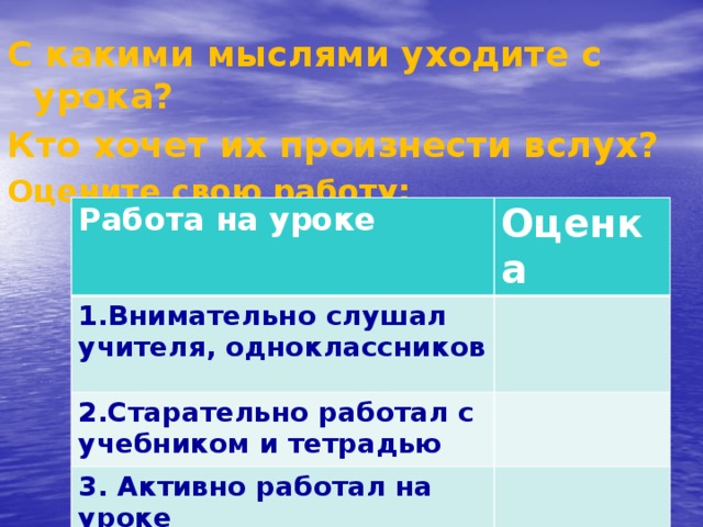 С какими мыслями уходите с урока? Кто хочет их произнести вслух? Оцените свою работу: Работа на уроке Оценка 1.Внимательно слушал учителя, одноклассников 2.Старательно работал с учебником и тетрадью 3. Активно работал на уроке