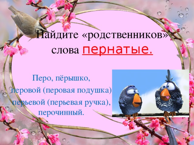 Найдите «родственников» слова пернатые. Перо, пёрышко,  перовой (перовая подушка), перьевой (перьевая ручка), перочинный.