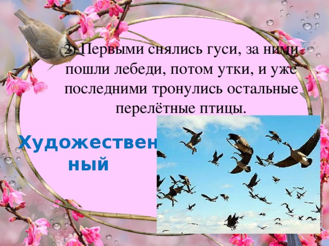 2) Первыми снялись гуси, за ними пошли лебеди, потом утки, и уже последними тронулись остальные перелётные птицы. Художественный