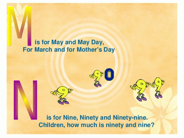 is for May and May Day, For March and for Mother's Day   is for Nine, Ninety and Ninety-nine. Children, how much is ninety and nine?