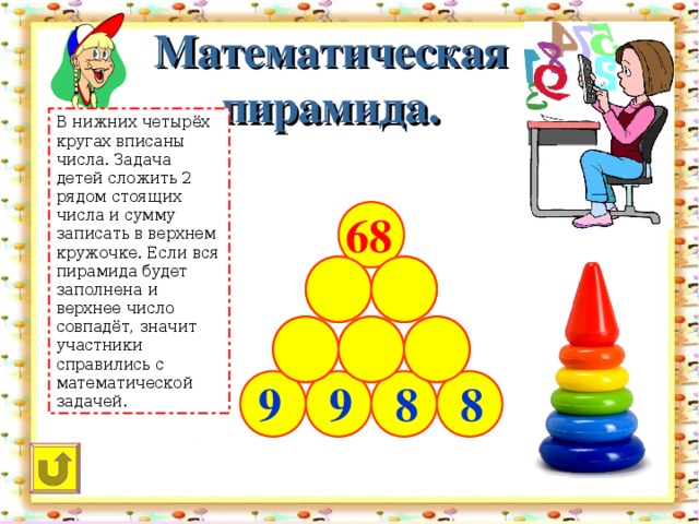 Математическая пирамида. В нижних четырёх кругах вписаны числа. Задача детей сложить 2 рядом стоящих числа и сумму записать в верхнем кружочке. Если вся пирамида будет заполнена и верхнее число совпадёт, значит участники справились с математической задачей. 68 33 35 18 16 17 8 8 9 9